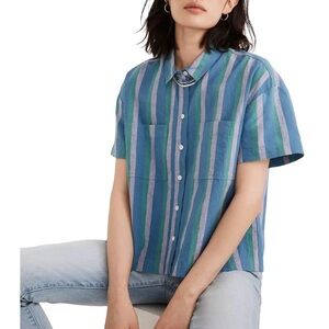 Madewell Linen Blend Striped Blue and Green Women's Top Medium
